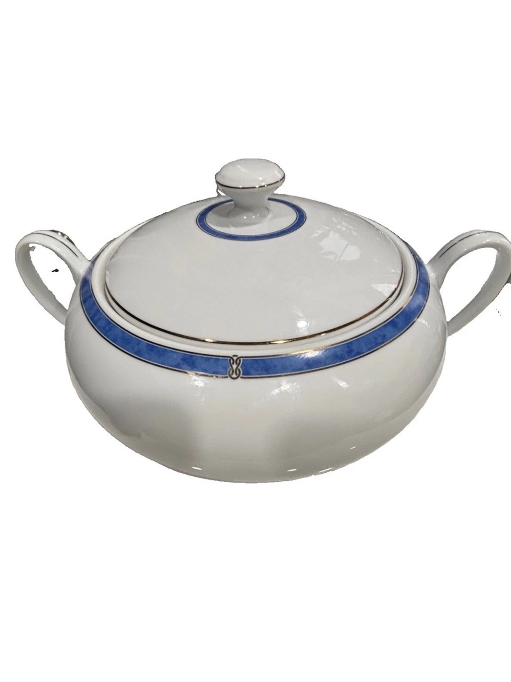 Christofle White Porcelain Covered Soup Tureen with Blue Band